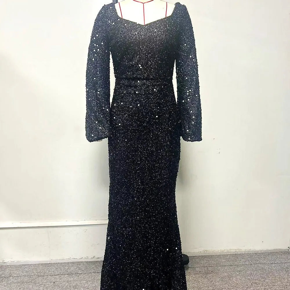 Maxy Elegant Sequins Prom Dress Women Fashion V-neck Wrapped Hip Flare Sleeve Long Evening Dress Chic Solid Party Gown Dresses