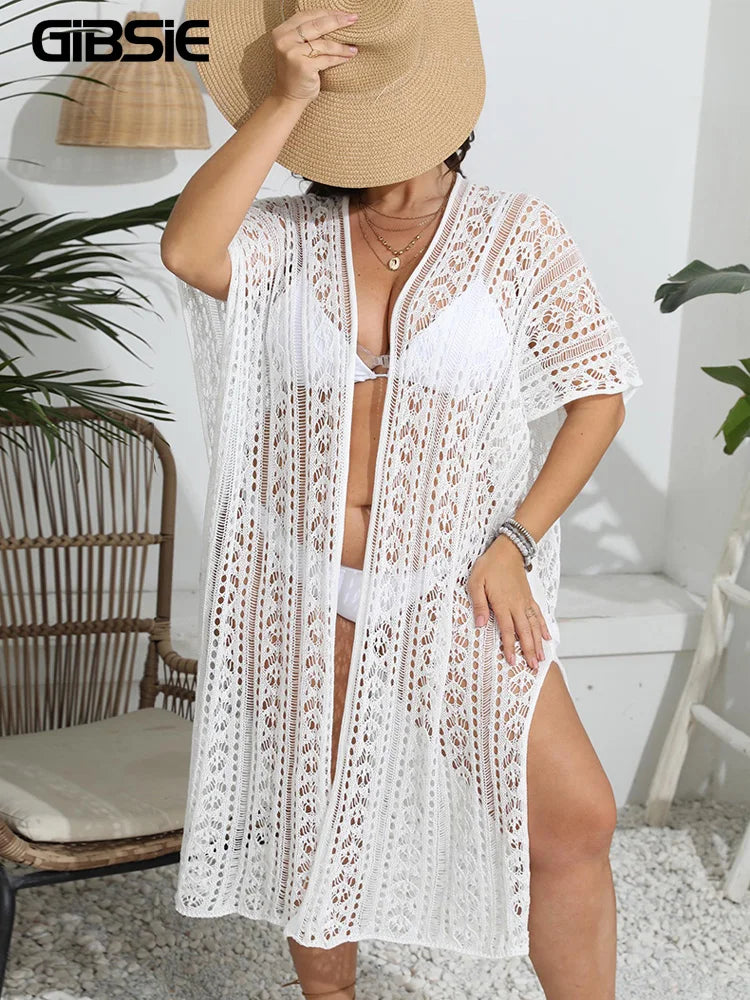 Macy White Kimono Bikini Cover Up for Women Holiday See Through Hollow Out Knitted Split Long Beach Cover-ups