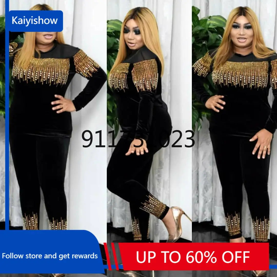 Maxy African Clothes for Women Spring and Autumn African Women Long Sleeve Black Two Pieces Sets Top and Pant African Clothing