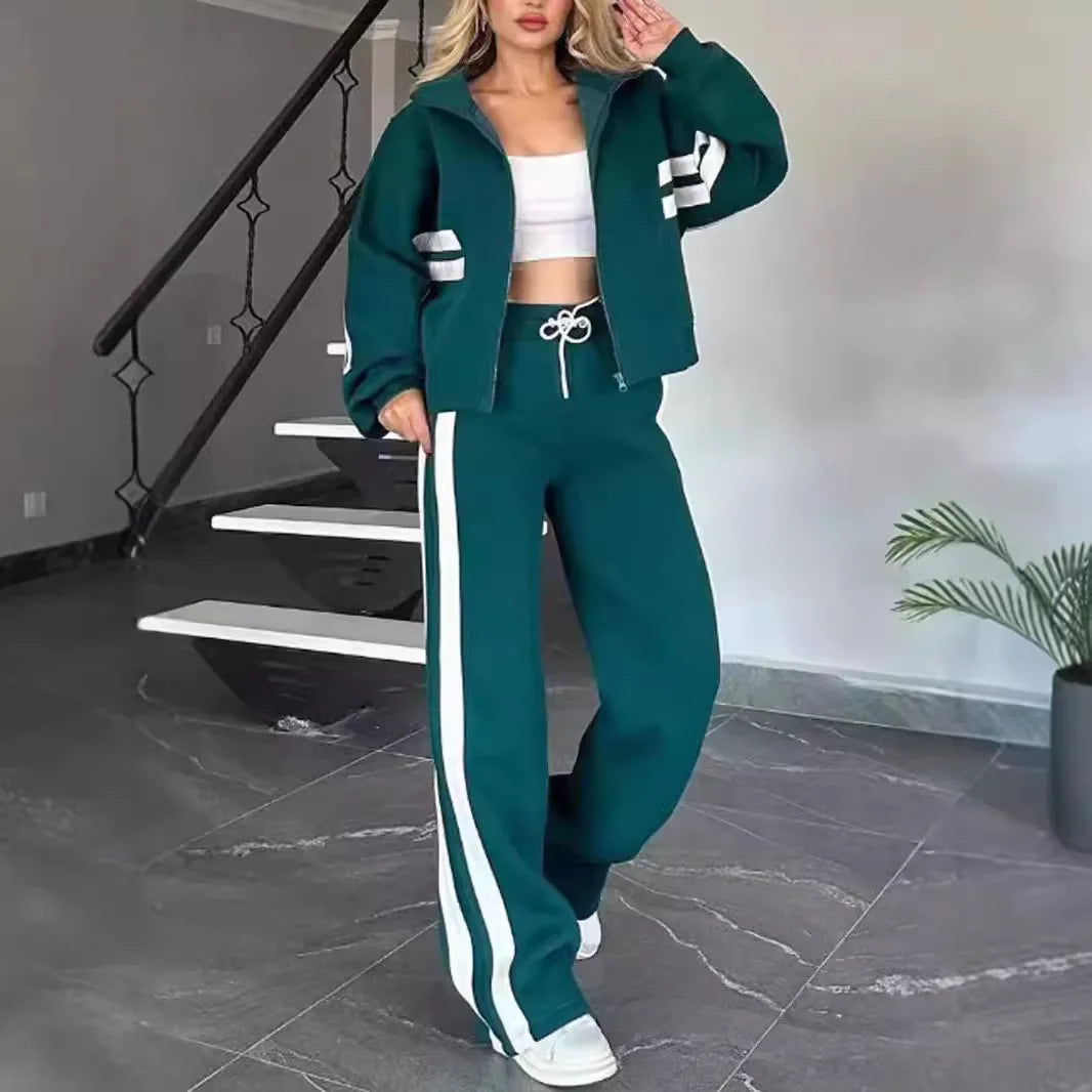 Maxy Y2K Striped Zipper Coat+sweatpants Two Piece Set Women Casual Batwing Sleeve Sports Jacket Outfits Autumn Winter Sweatshirt Suit