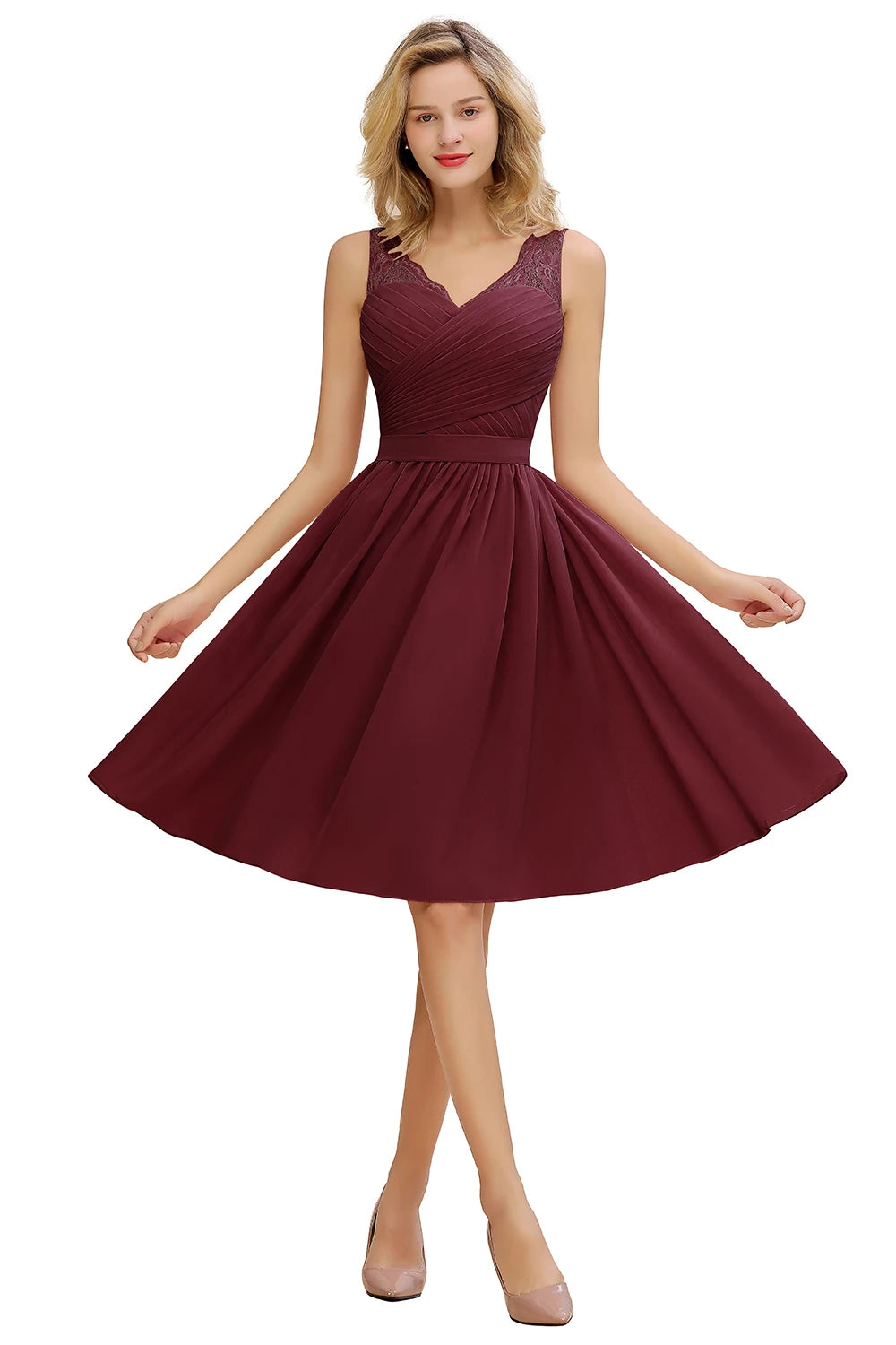 Maxy Hot Sale Chiffon Lace Bridesmaid Dresses Pleat V Neck Short Formal Wedding Evening Party Prom Gown For Bride Cocktail Vestidos