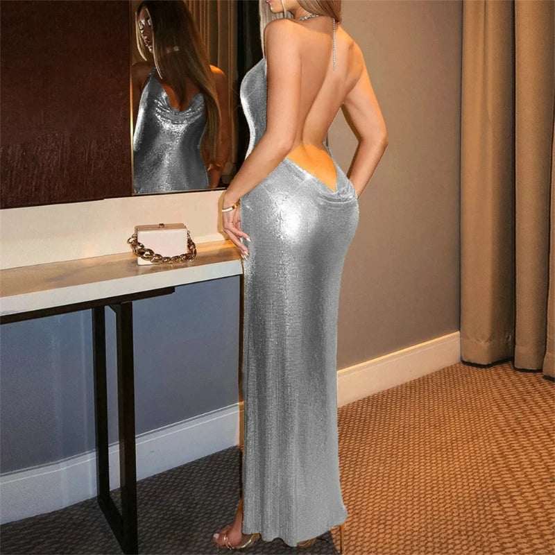 Maxy Glitter Metal Sequins Halter Cowl Neck Open Back Slit Evening Gown for Women Sparkling Rave Nightclub Bodycon Long Dress