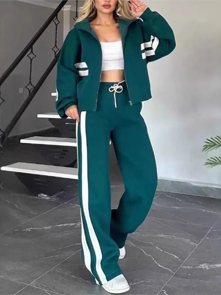 Maxy Fashion Long-sleeved Stand-up Collar Zipper Top + Wide-leg Pants 2-piece Set Women Autumn Striped Splicing Sport Suit Female Y2K