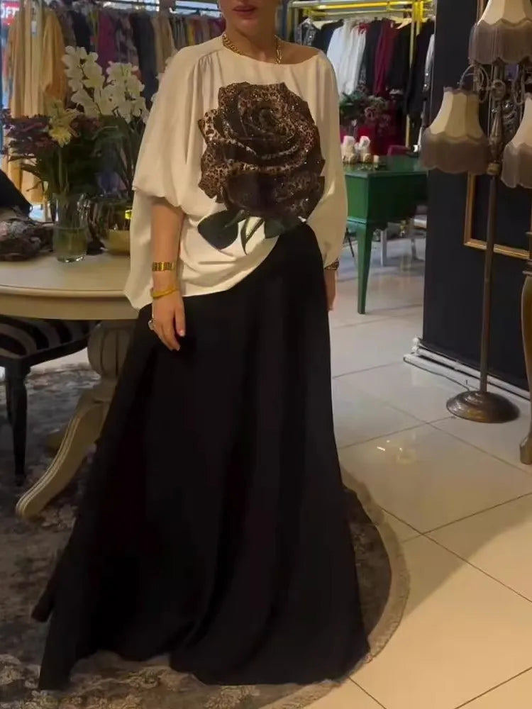 Maxy Casual Long Sleeve T-shirt Dress Set Office Lady Spring Summer Loose Print Tops Solid Skirt Two Piece Set Women Outfit