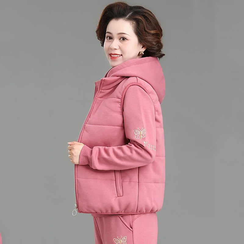 Winter Thick 3 Pieces Sets Vest Warm Outfit Loose Hooded Tracksuit High Waist Pant Suits Plush Lined Sweatshirts Woman Conjuntos