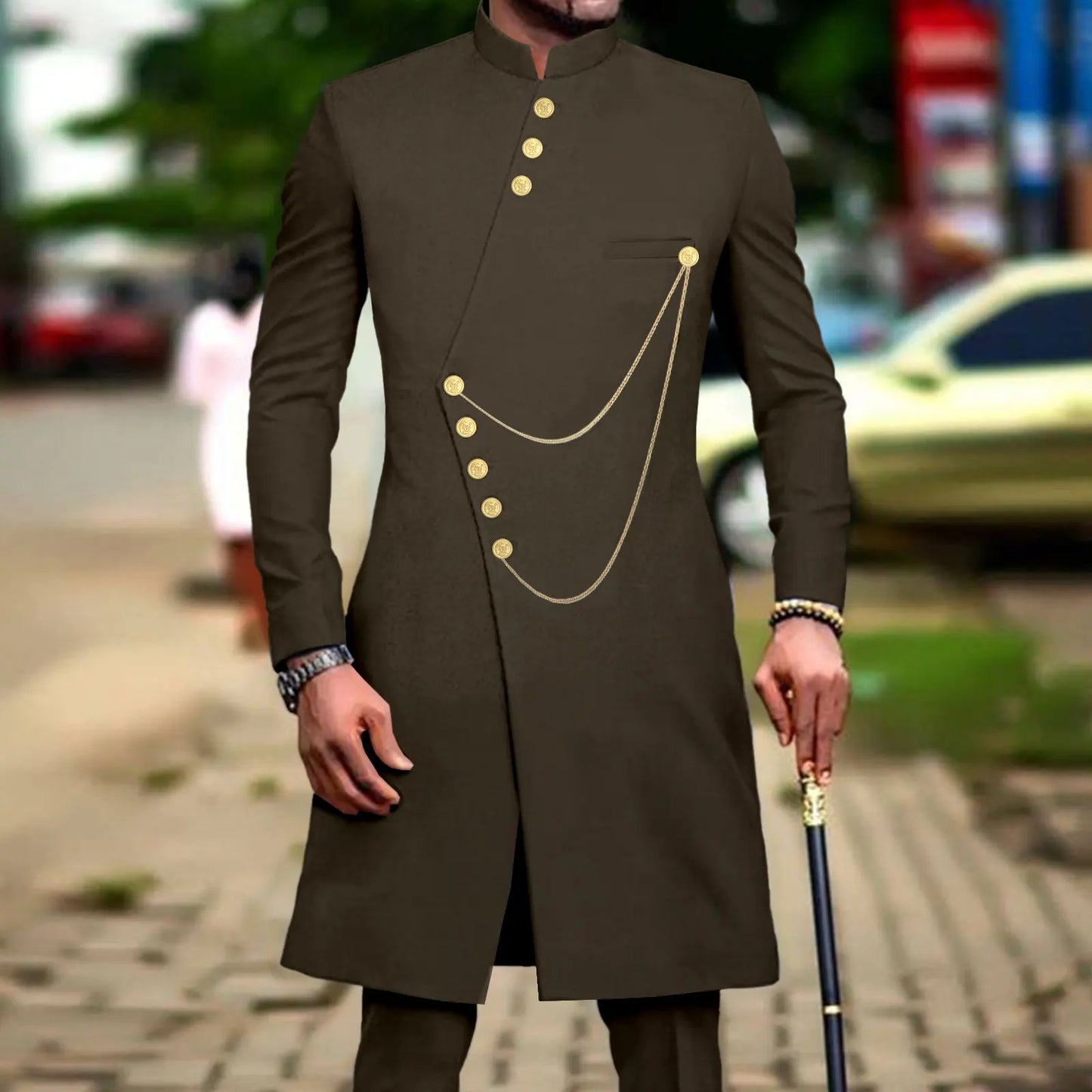 Maxy Men`s Suit African Clothes Dashiki Single Breasted Long Jackets and Pants 2 Piece Set Slim Fit Formal Outfits Coats A2316014