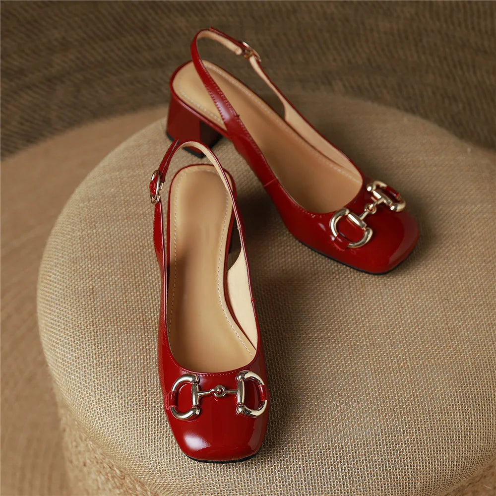 Amay new Women  Classic Metal Buckle Women Patent Leather Pumps Round Toe Thick Heels Slip On Plus Size 34-43 Spring Autumn Shoes