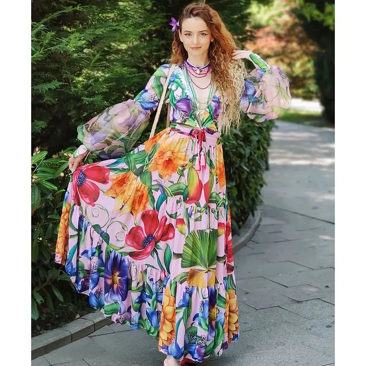 Maxy Women Swimwear V-neck Long Sleeve Flowers Printed One Piece Swimsuit and Skirt Beach wear Bathing Suit bikini Two piece