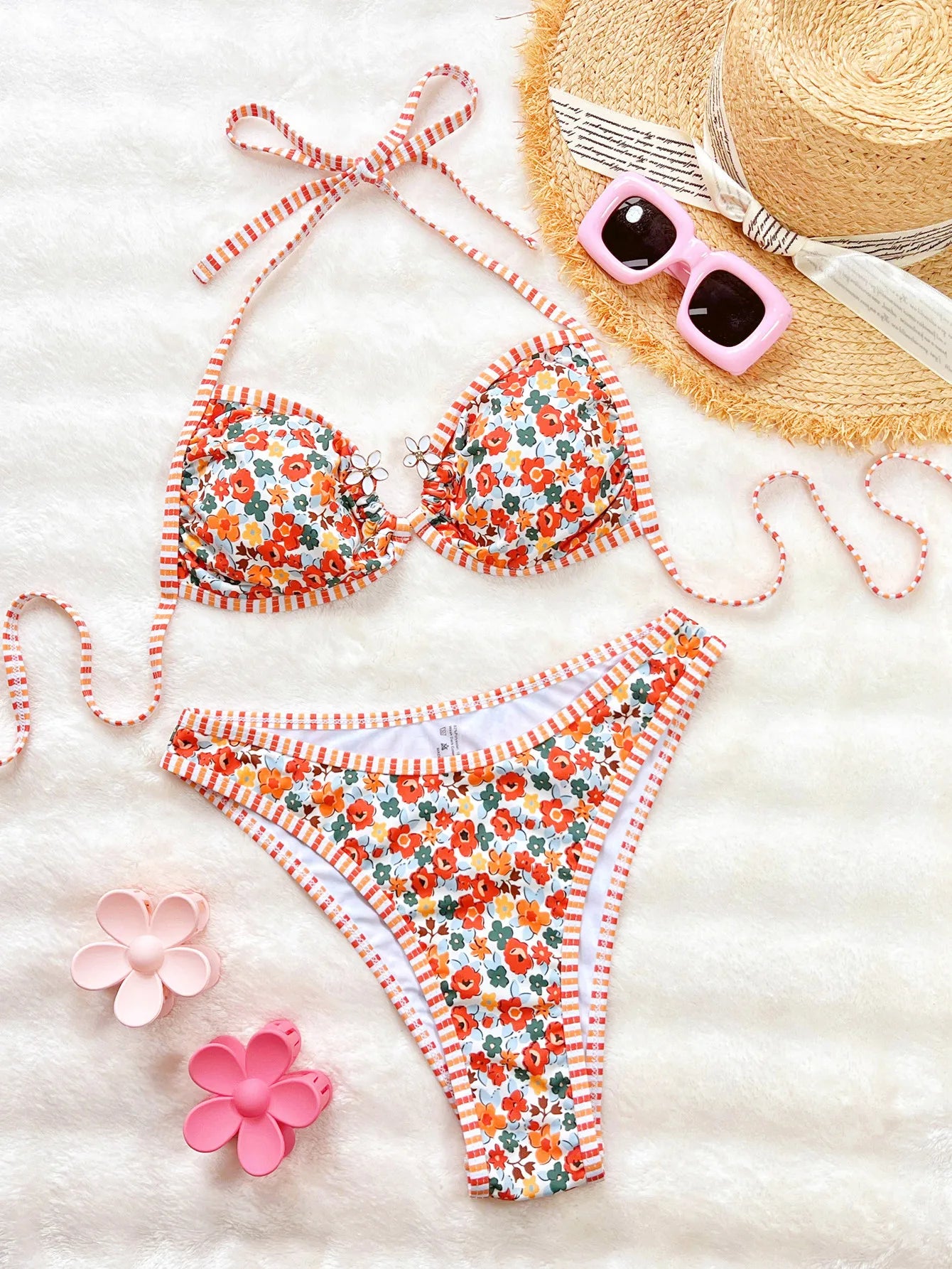 Maxy Sexy Two-piece Bikini Women's Floral Print Halter Swimsuit Hollow Backless Swimwear Summer Tight Push Up Beach Bathing Suit