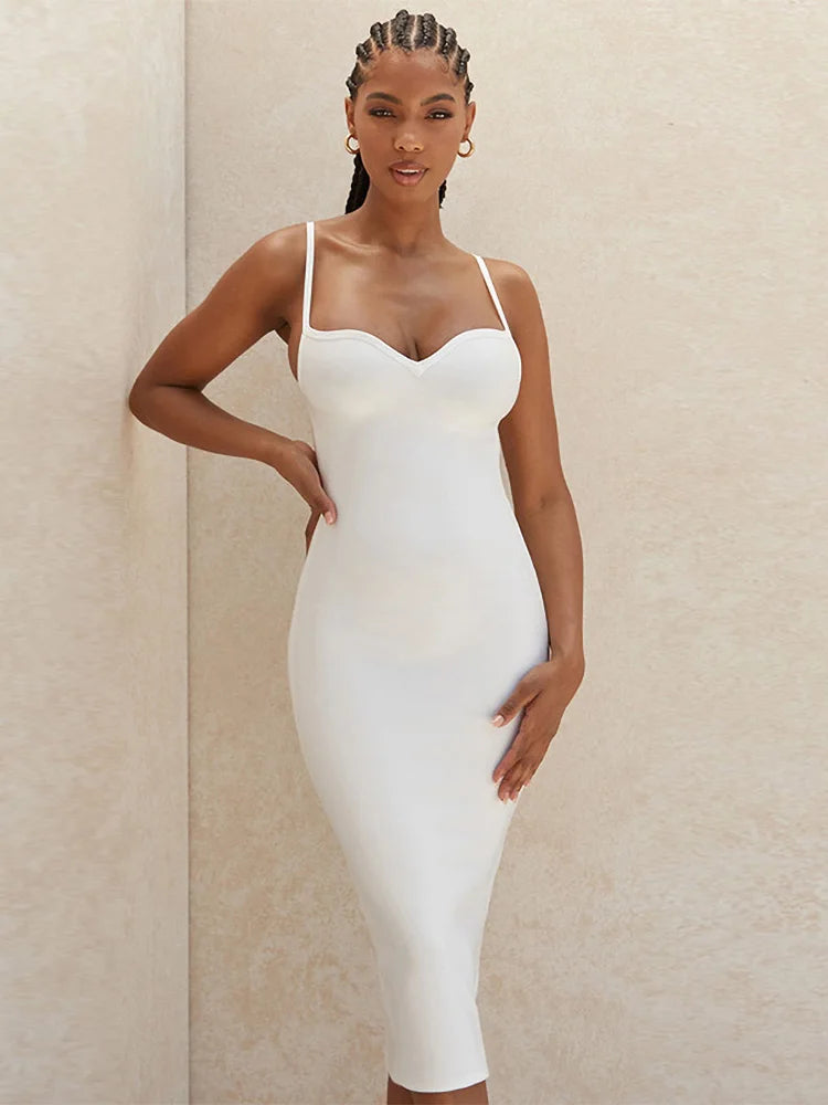 Maxy Summer White Midi Bandages Dress Bodycon Women Spaghetti Strap Sleeveless elegant V neck High Qualit