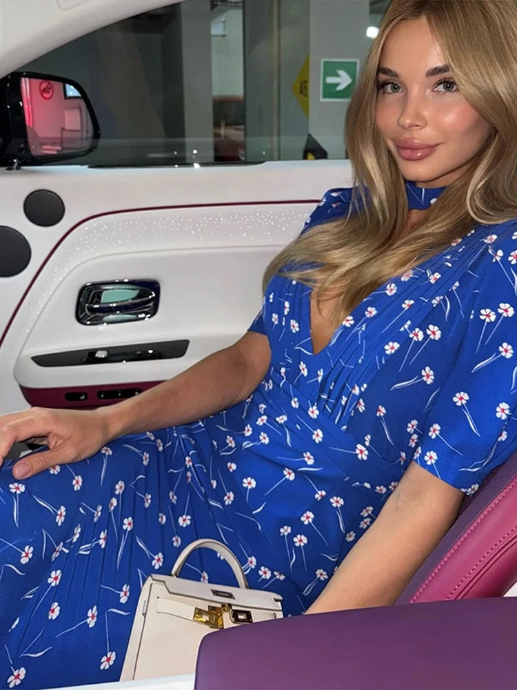 Maxy Print Deep V Shoulder Pad Long Dress Women Elegant Short Sleeve Waist Cinching Hip Package Sheath Party Dresses New Summer Robes
