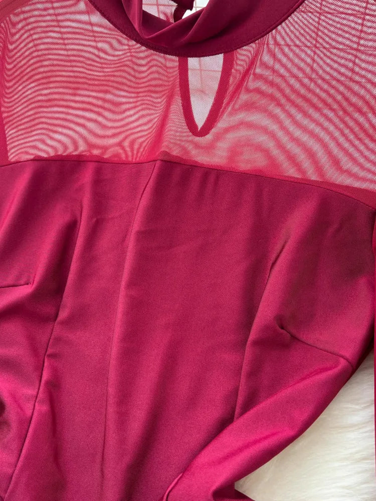 Amay Fashion Stand Collar Dress Women's Long Sleeves Hollow Out Gathered Waist Mesh Spliced Slim Dresses Autumn New 27X1903