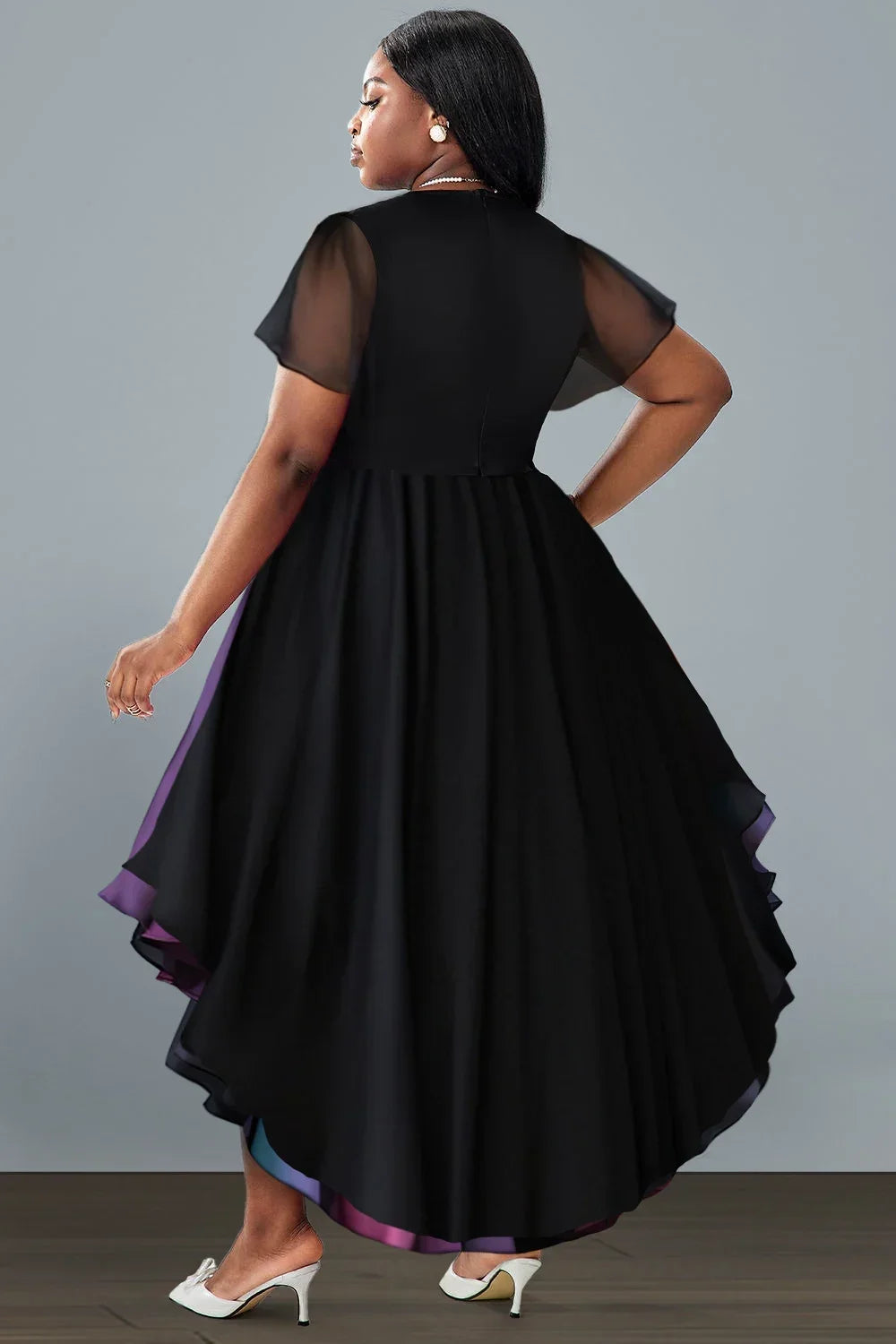 Amay Plus Size Purple Asymmetric Hem Midi Dress round Neck Wedding Guest Women's Fashion Elegant Party Gown