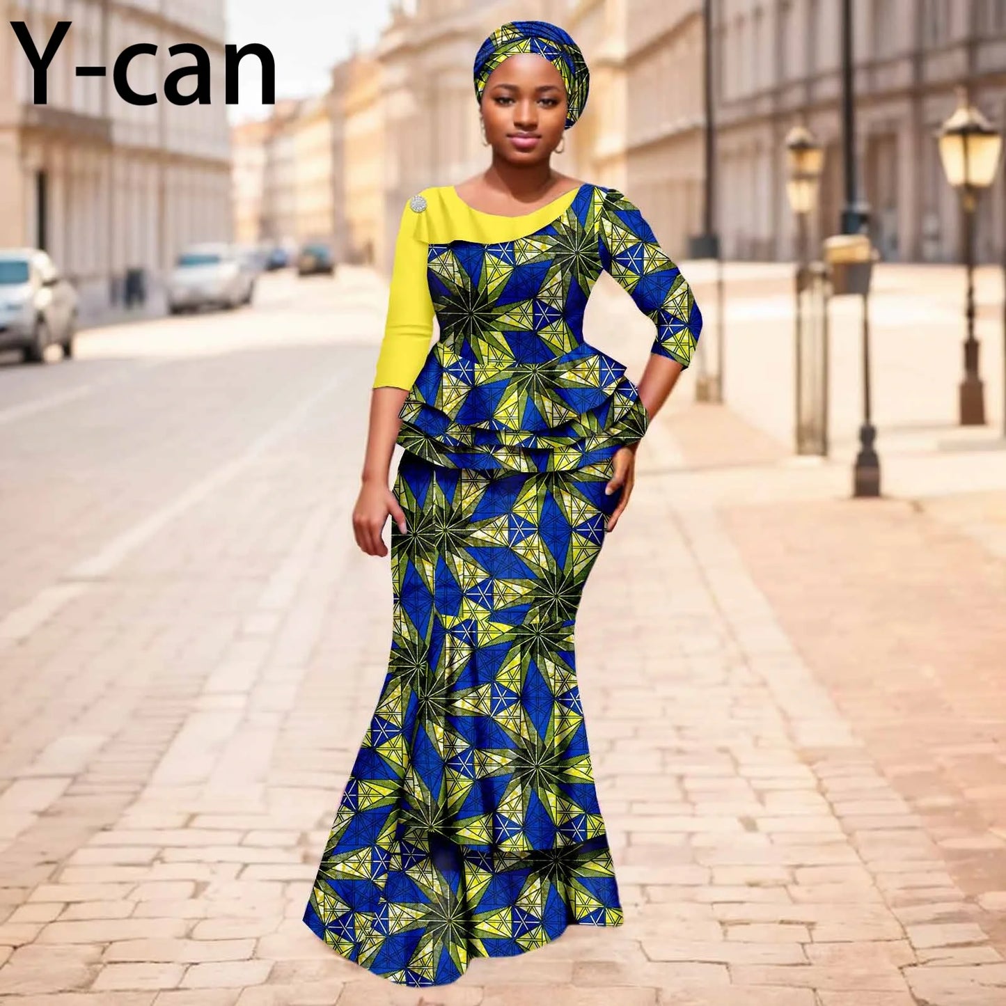 Maxy New African Dresses for Women Dashiki Print Patchwork Top and Mermaid Skirt Match Turban Traditional Wedding Party Dress 2526004