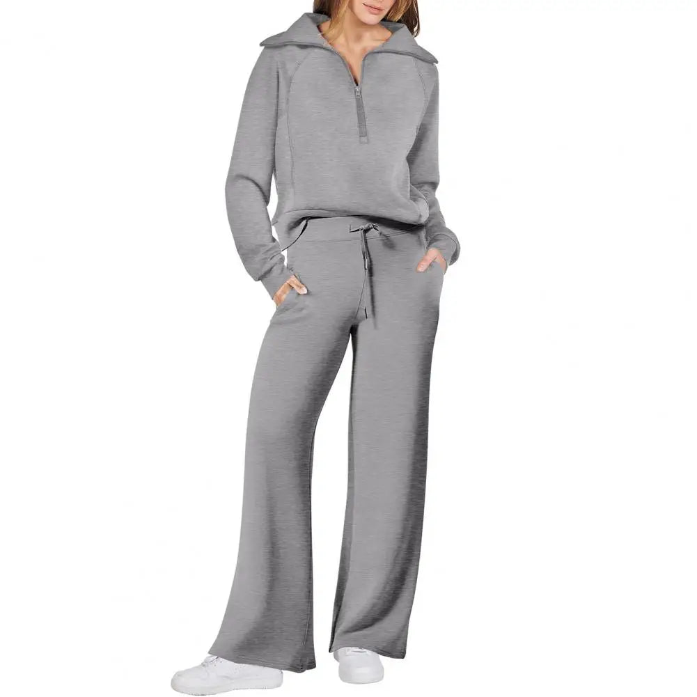 Oversized Sweatshirt Pants Set Women Two-piece Casual Suit Thick Loose Solid Color Tracksuit Set with Lapel Coat Wide for Fall