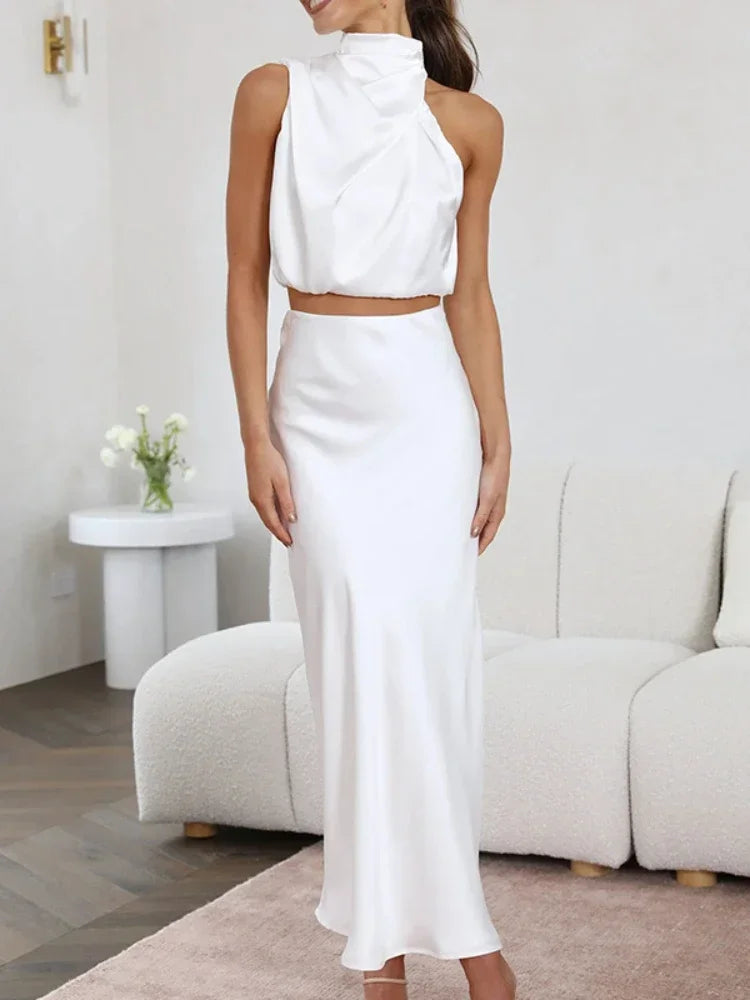 Maxy Women's Sleeveless Neck Hanging Tops Suits Slim Fit Evening Dress Sets Leisure Summer New Fashion 2 Pieces