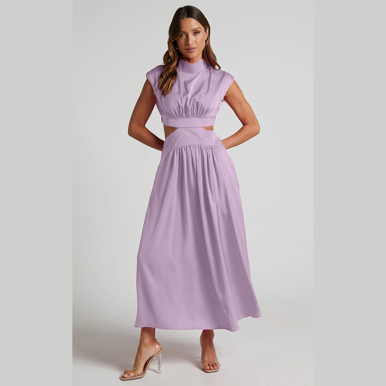 Maxy Summer Solid Color Sleeveless Dresses Women Temperament Elegant Stand Collar Hollow Out A-line Long Dress Ladies Trendy Vestidos