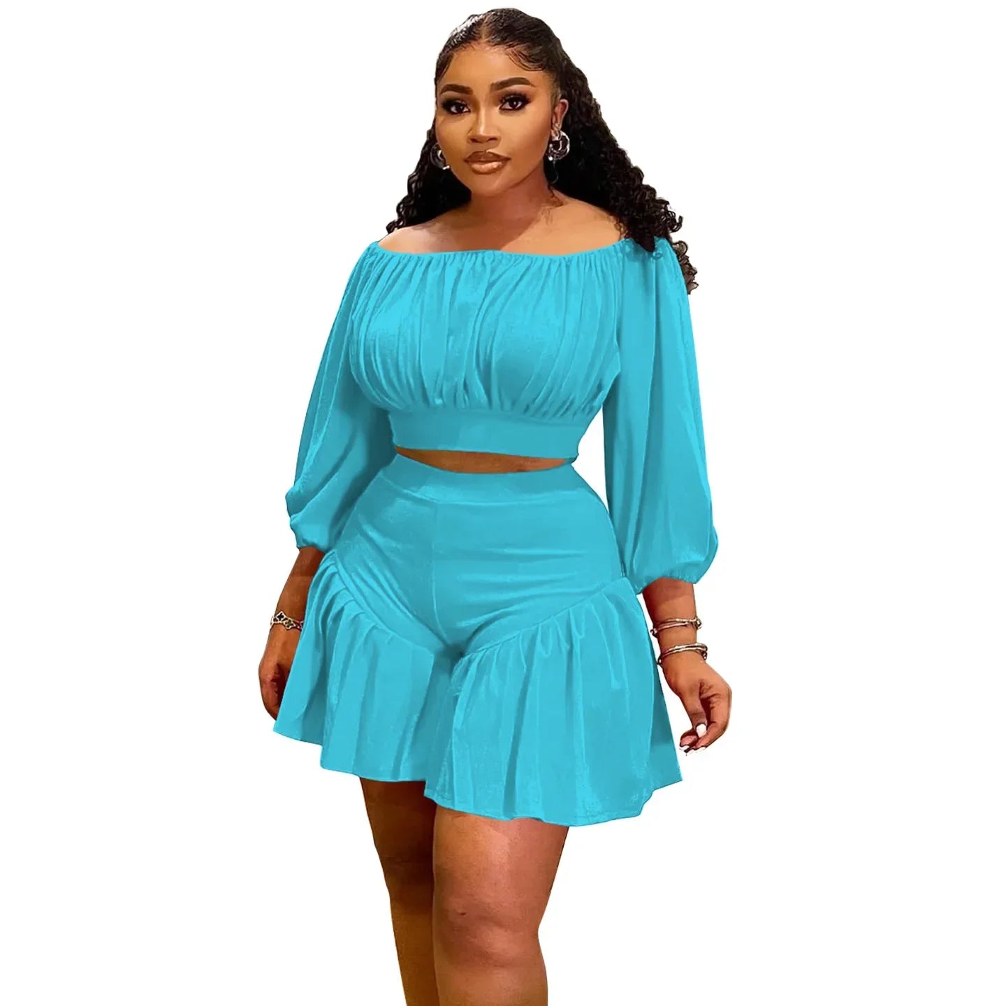 Maxy Customized Plus Size Women's Set Long Sleeve Slash Neck T-Shirt and Shorts 2025 Summer Ruched Two 2 Piece Set Outfits Tracksuit