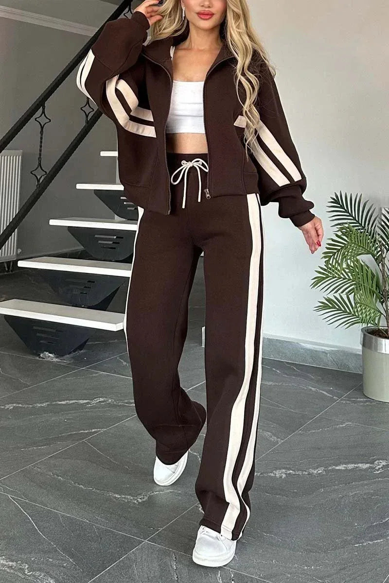 Maxy Y2K Striped Zipper Coat+sweatpants Two Piece Set Women Casual Batwing Sleeve Sports Jacket Outfits Autumn Winter Sweatshirt Suit