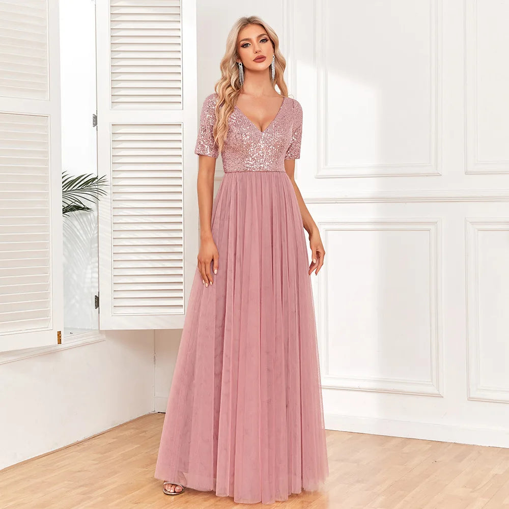 Maxy Ladies Elegant Short Sleeved Dress with Lace Embroidery V-neck A-line Sequin Evening Dress Bridesmaid Party Graduation Dres