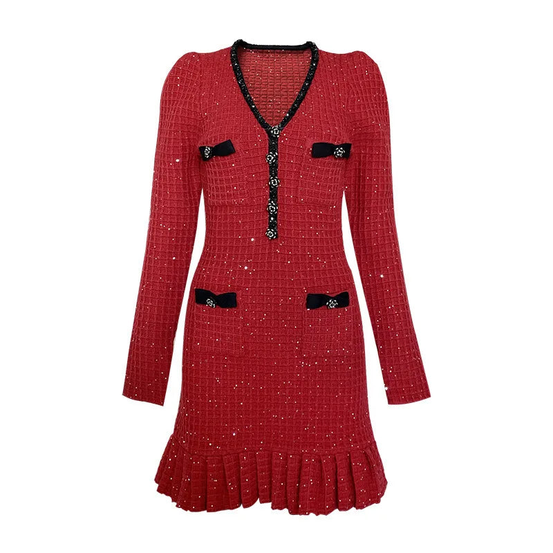 Maxy Luxury Autumn Long Sleeve White Sequin Short Dress Women's Knitted Waffle Mermaid Fishtail Crystal Button Evening Party Vestidos