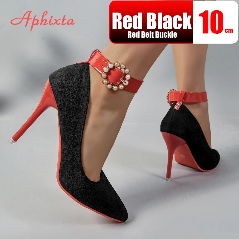 Amay Apheta Round Pearl Metal Belt Buckle 10cm Stiletto Heels Flock Pumps Women Banquet Shoes Strap Pimp Pointed Toe Big Size 35-50
