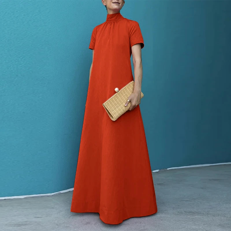 Maxy Summer High Collar Kleid Robes Casual Loose Party Long Dresses Women Short Sleeve Maxi Dress Elegant Solid dress