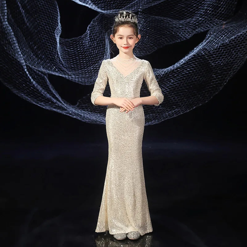 Maxy Newest Luxury New Year Carnival Teens Slim Fit Mermaid Dresses Evening Party Fashion Children Girls Sequin Shiny Ball Gowns