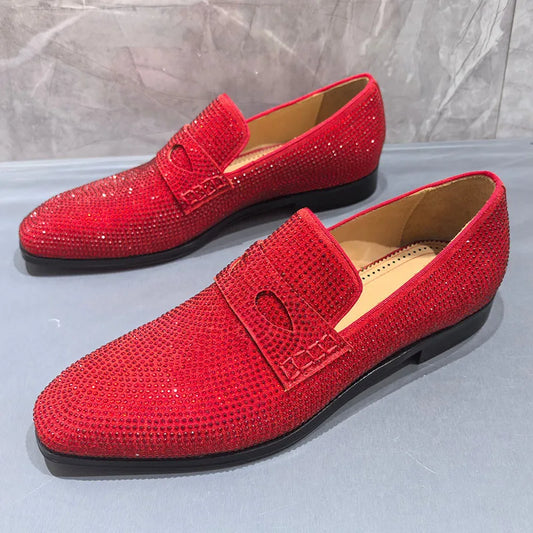 Visco Red Rhinestone Shoes Man Pointed Toe Eyes Decor Slip On Flats Male Fashion Wedding Shoes