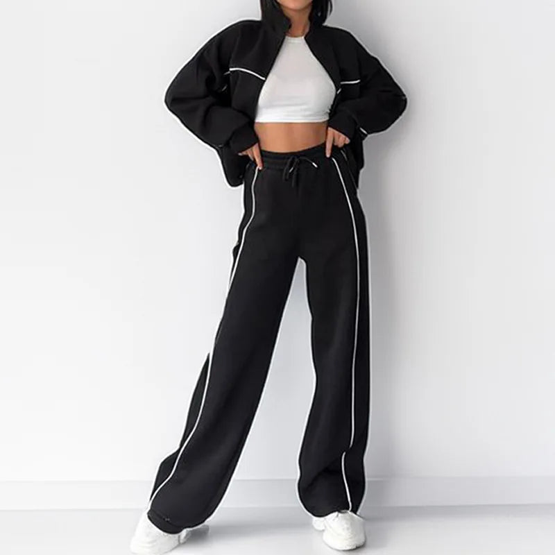 Women Set Autumn Winter Fashion Stripe Crop Hoodie Sweatshirt And Pants Set Casual Two-Piece Set Women Tracksuit Jogger Sets