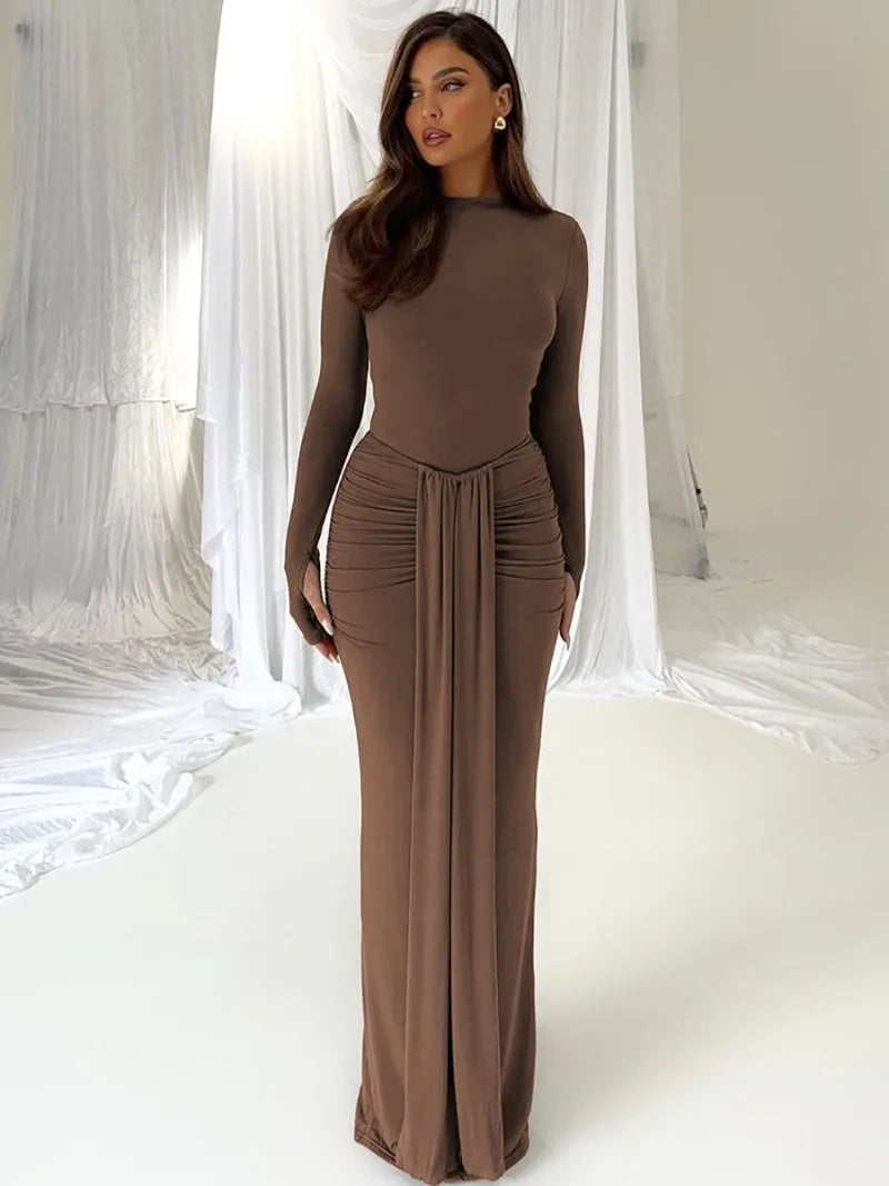 Maxy Fashion Woman Full Sleeve Bodycon Folds Long Maxy Dress Evening Party Outfit Office Lady Elegant Bandage Formal Occasion Dresses