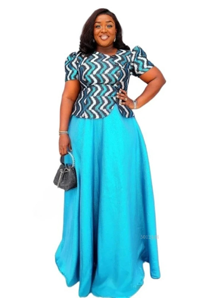 Maxy Women Plus Size 2PCS Clothes Party Maxy Robe Fashion Ankara Dashiki Top and Mini Skirt Dress African Work Wear