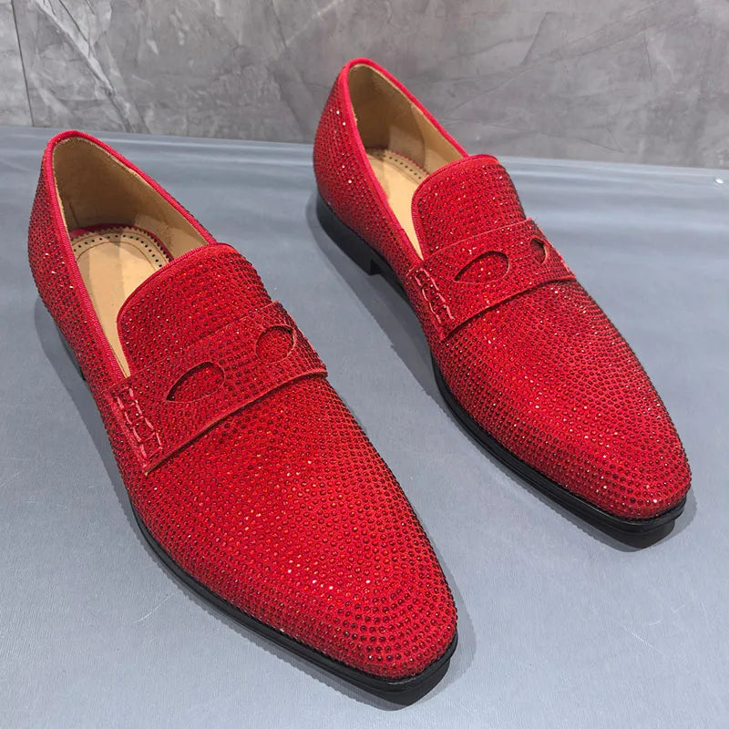 Visco Red Rhinestone Shoes Man Pointed Toe Eyes Decor Slip On Flats Male Fashion Wedding Shoes