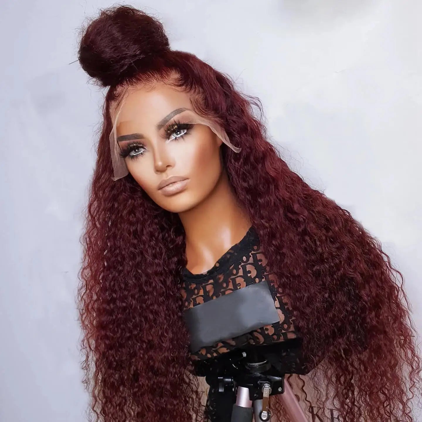 Maxy Long Soft Glueless Natural 99J Burgundy 26Inch Kinky Curly Pre plucked 180Density Lace Front Wig For Black Women Baby Hair Daily