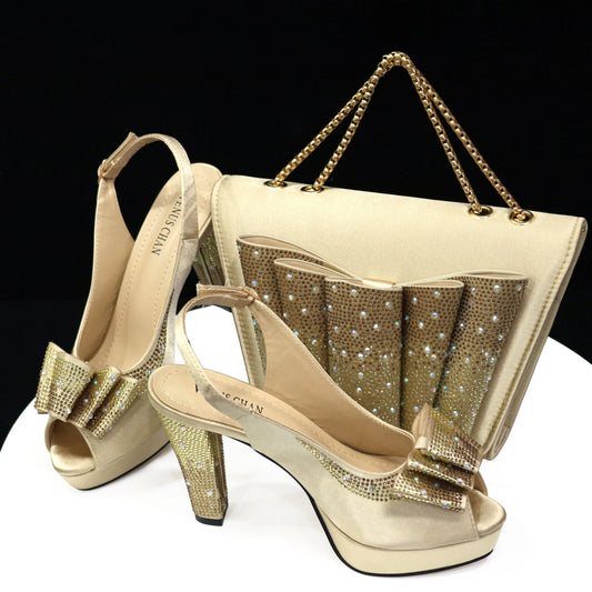 Maxy Doer show beautiful Italian gold Shoes and Bag Sets for Evening Party With Stones Italian Leather Handbags Match Bags! HTY1-1
