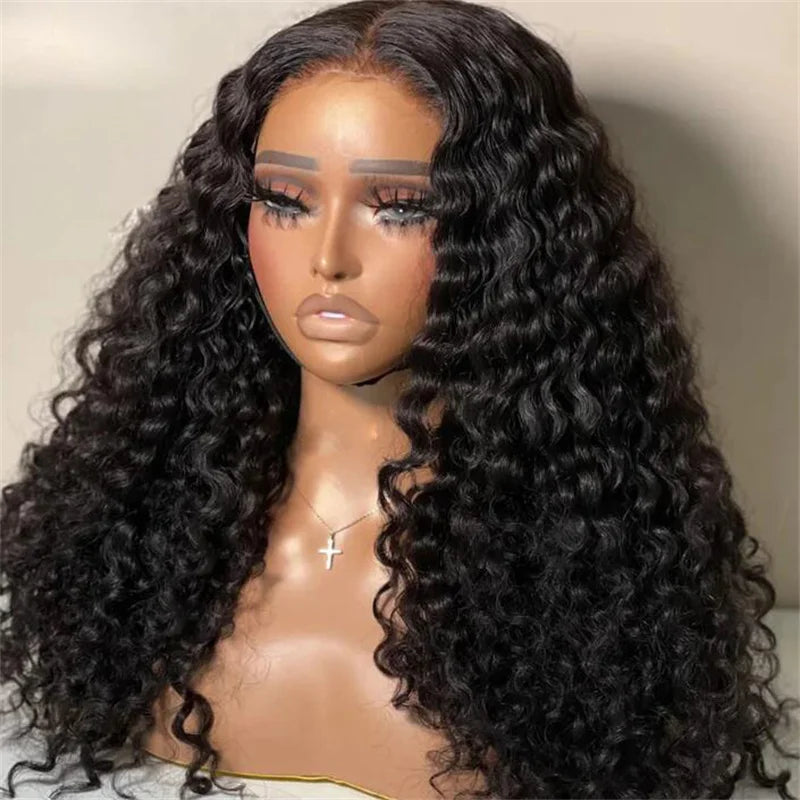 Amay Soft Long Natural Black Glueless 180Density 26Inch Kinky Curly Deep Lace Front Wig For Women With Baby Hair Preplucked Daily Wig
