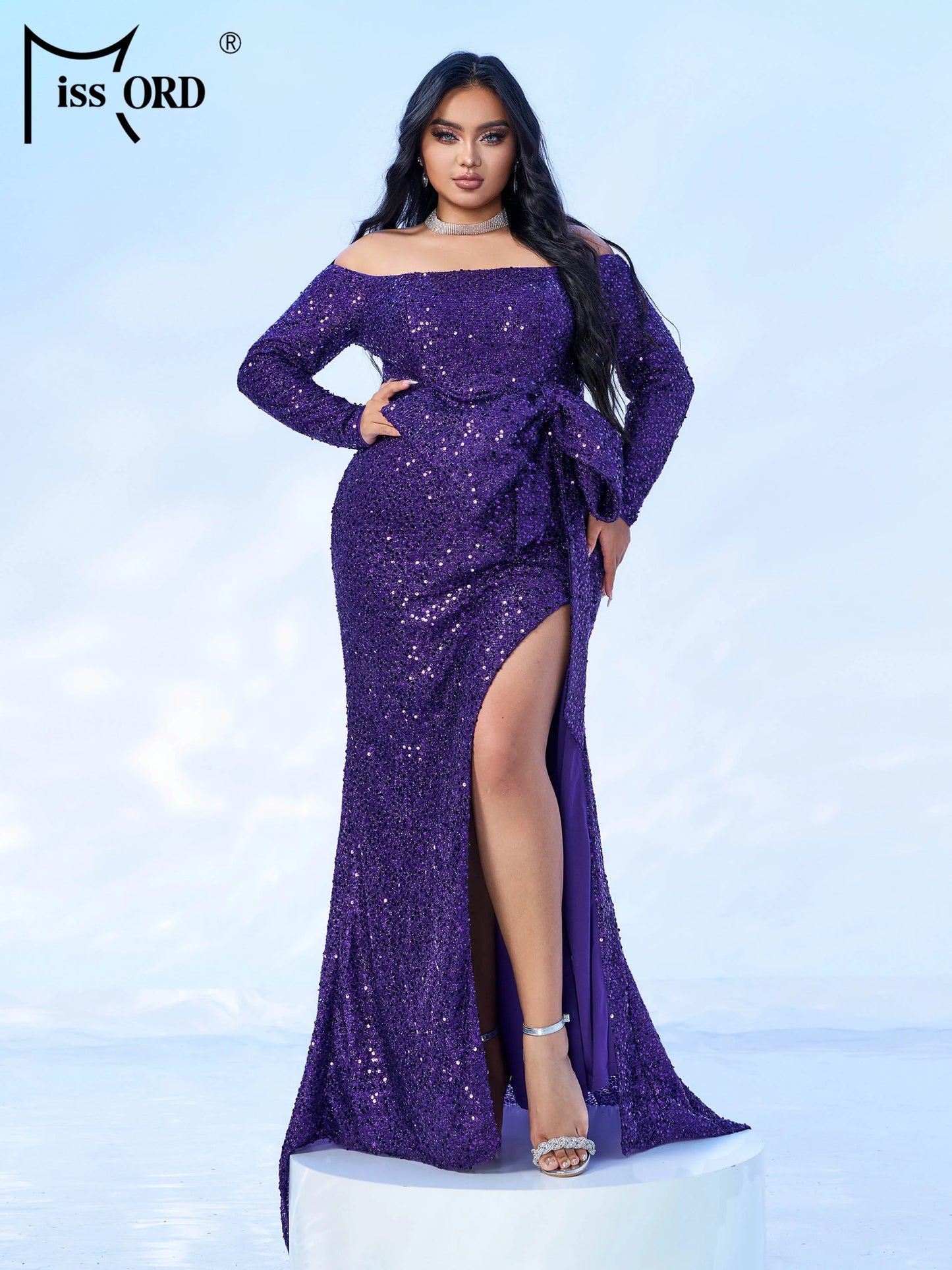Maxy Plus Size Off Shoulder Long Sleeved Sequin Split Evening Gown Wedding Birthday Party Large Size Floor Length Dress