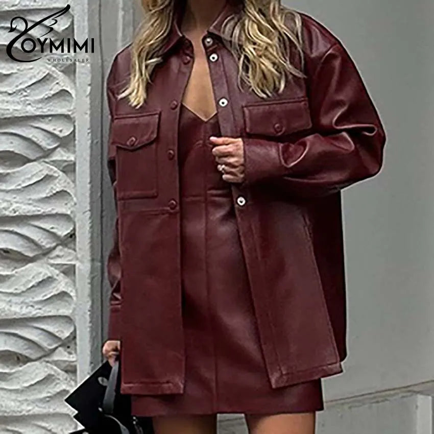 Maxy Ommi Fashion Wine Red Pu Leather Women's Two Pieces Set Elegant Long Sleeve Button Shirts And Spaghetti Strap Mini Dress Sets