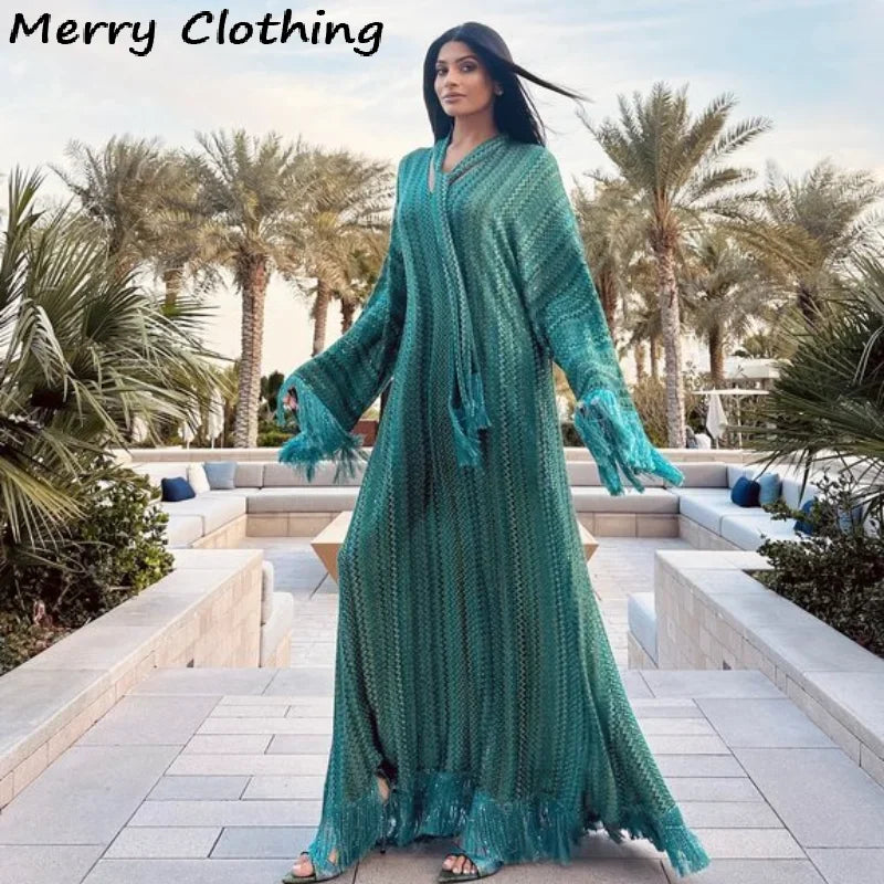Maxy Elegant Tassel Hem Dress Women V-neck Long Sleeve with Scarf Loose Dresses 2026 NEW Spring Luxury Lady Party Evening Gowns