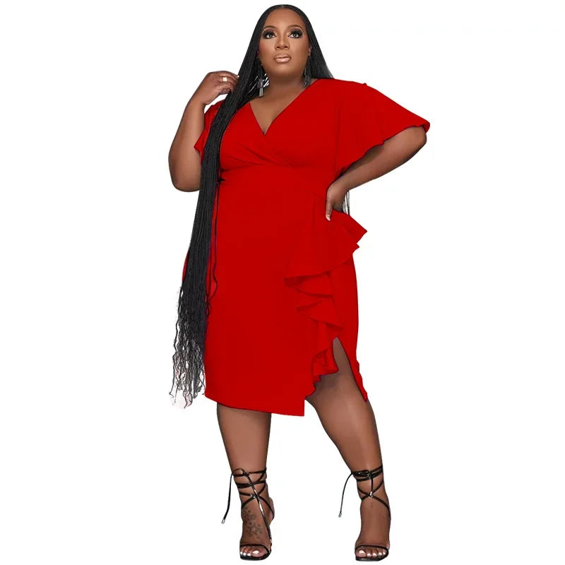 Maxy Plus Size Women's Summer Bodycon Dress Short Sleeve Solid Color Ruffle Hem Knee-Length