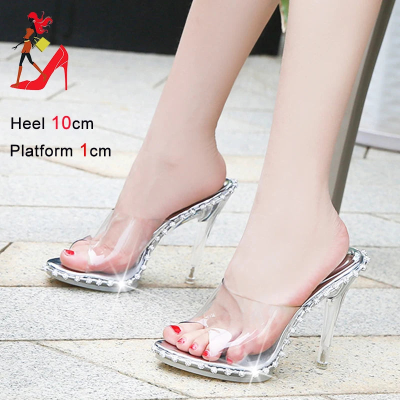 Momsey 2024 New Lady Transparent High Heels Summer Luxury Crystal Sandals 10CM Women Elegant Party Shoes Designer Rhinestone Slippers