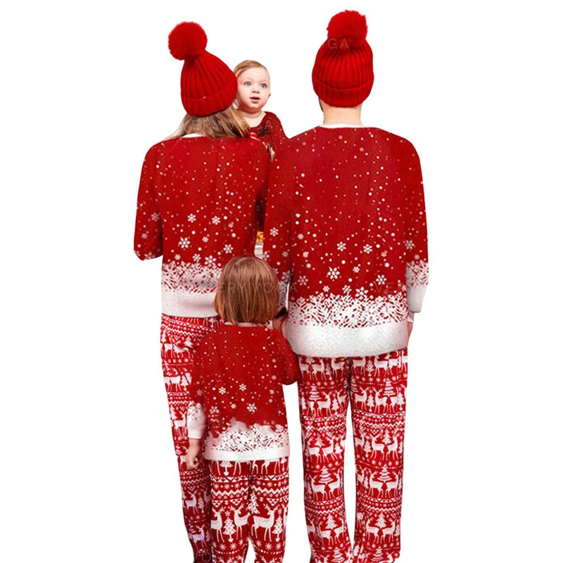 Matching Family Christmas Pajamas, Long Sleeve Deer Snowflake Print Pullover + Pants Set