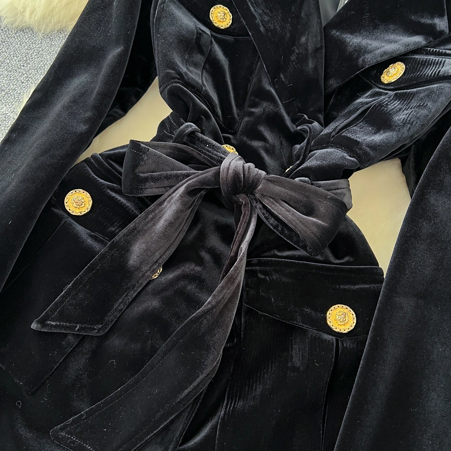 Amay Elegant Turn-down Collar Vintage Long Sleeve Chic Metal Buckle Slim Bandage Coat Korean Fashion Office High Street Winter Top