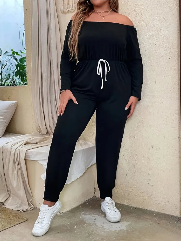 Babs Plus Size Summer Elastic High Waist Jumpsuit Women Off Shoulder Fashion Ladies Jumpsuits Loose Long Sleeve Woman Jumpsuit