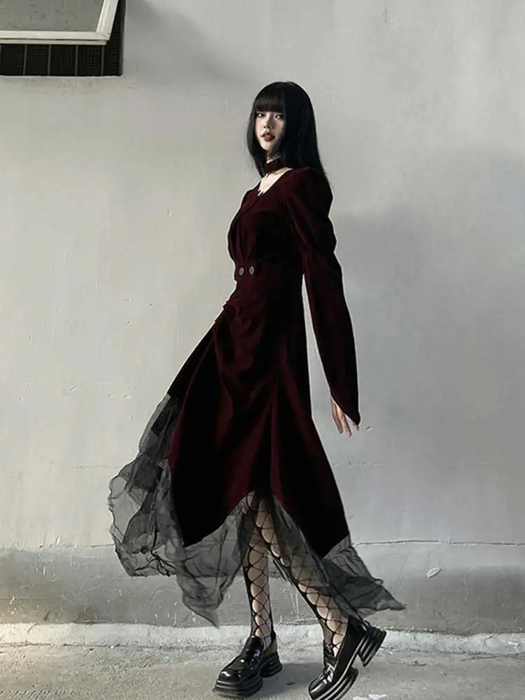 Maxy Women Long Velvet Dress Waist Cincher 2-piece Set Retro Red Cut-out Irregular Hemline Lace Stitch Y2k Goth Party Gown