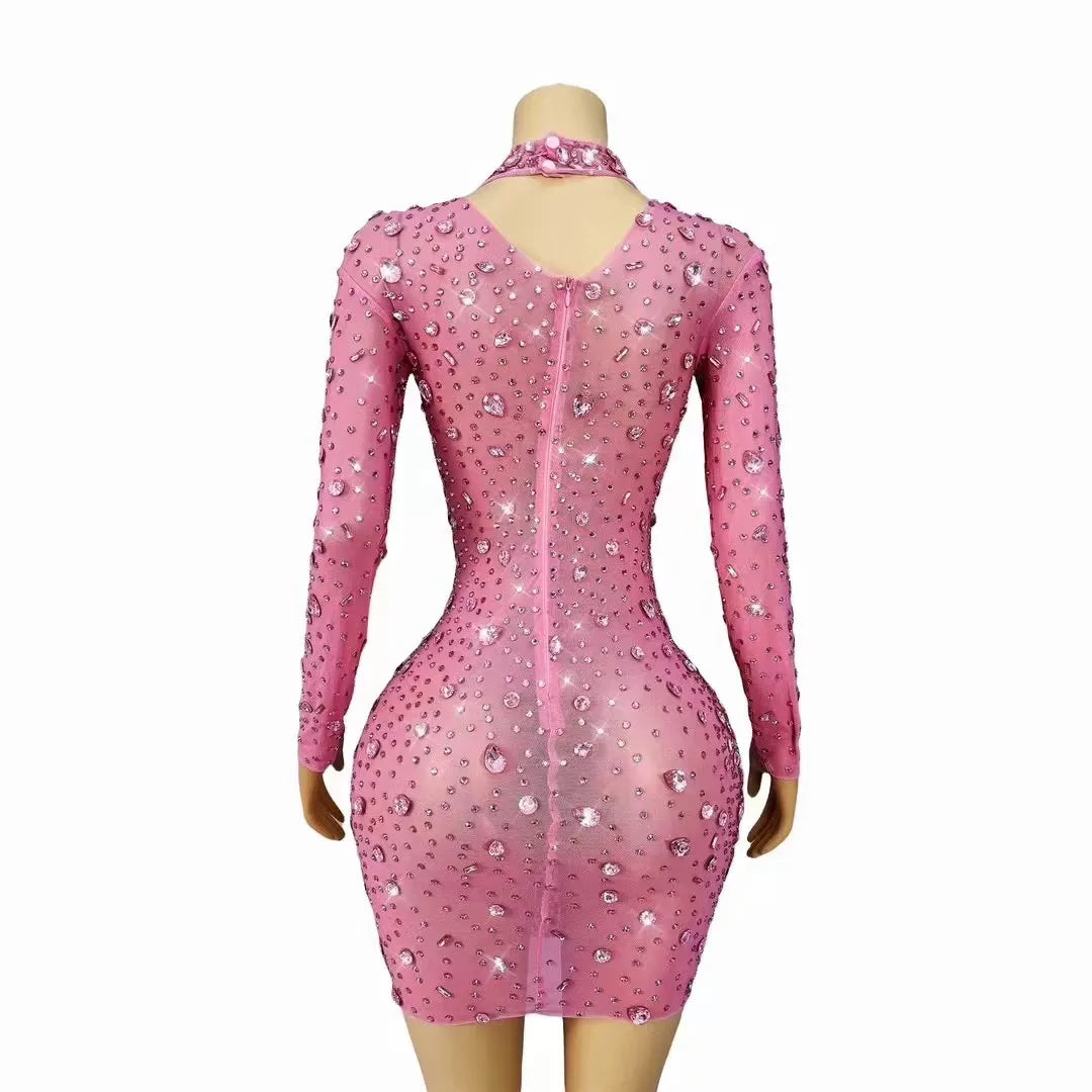Maxy Lady Crystals Diamond Wedding Dress Long Sleeve Elegant Pink Party Show Dress Women Luxury Birthday Club Diamond Evening Dress