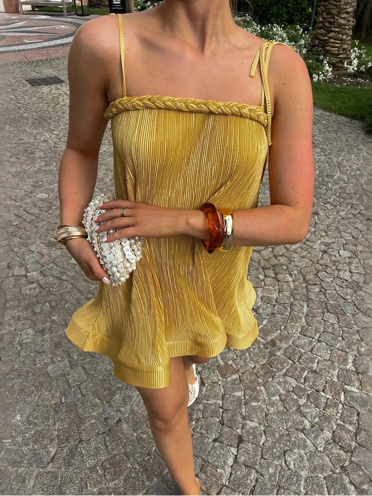 Maxy Cute new Loose Stunning Women Mini Dress Summer Silky Ruffle Woven Strap Splice Sleeveless Concise Party Frock