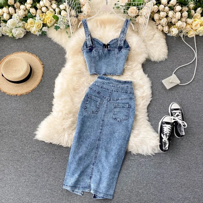 Maxy denim 2 piece set women Korean outfits summer top and skirt two piece set Sexy elegant 2024 fashion midi skirt new in matching