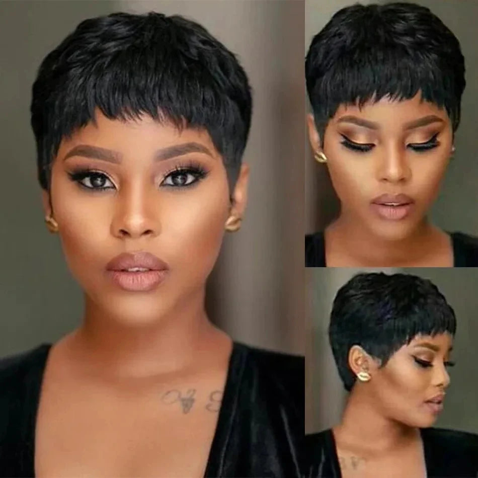 Short Human Hair Wigs Pixie Cut Straight Perruque Bresillienne for Black Women Machine Made Wigs With Bangs Cheap Glueless Wig