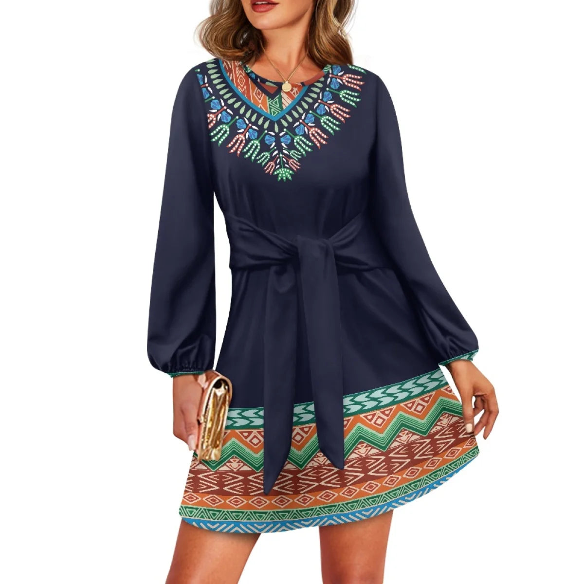 Maxy O neck women trumpet sleeve dress Polynesian tropical style women formal elegant evening dress